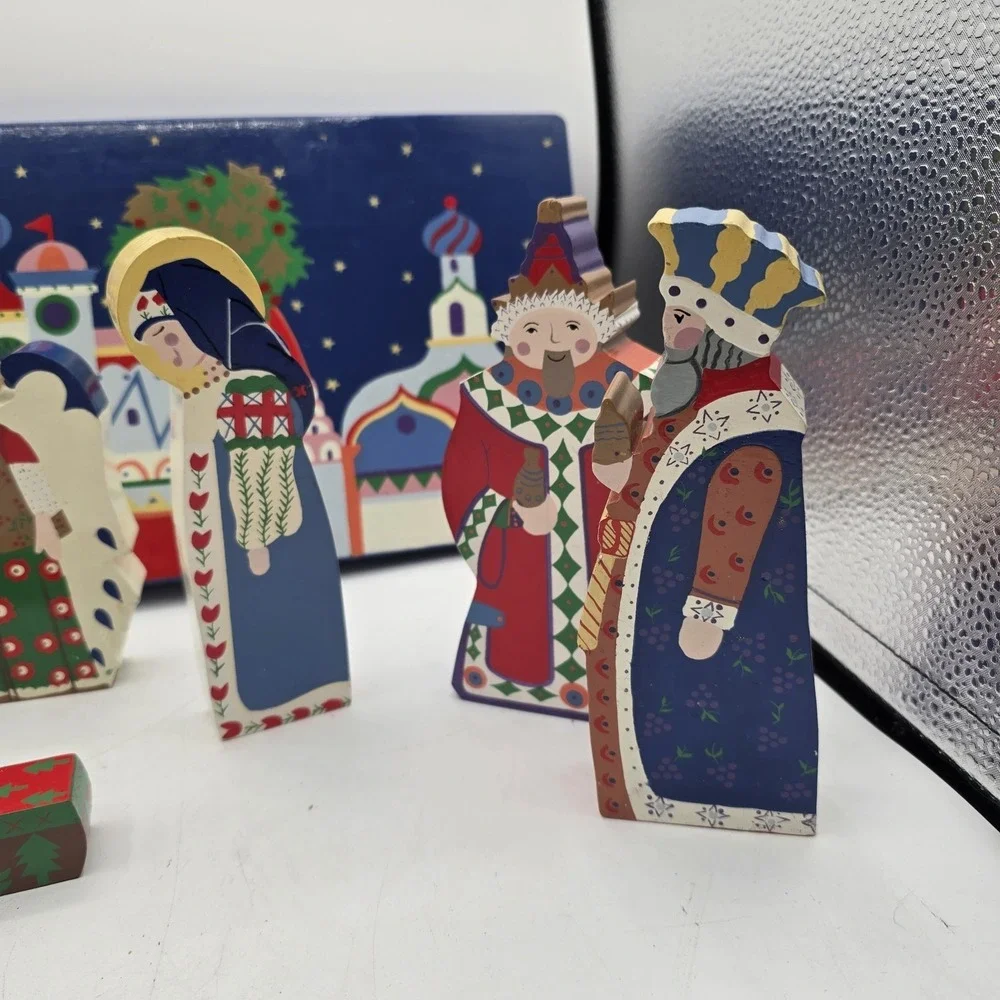 Vintage Pier 1 Christmas Carved Painted Wooden Nativity Set Of‎ 9 Folk Art